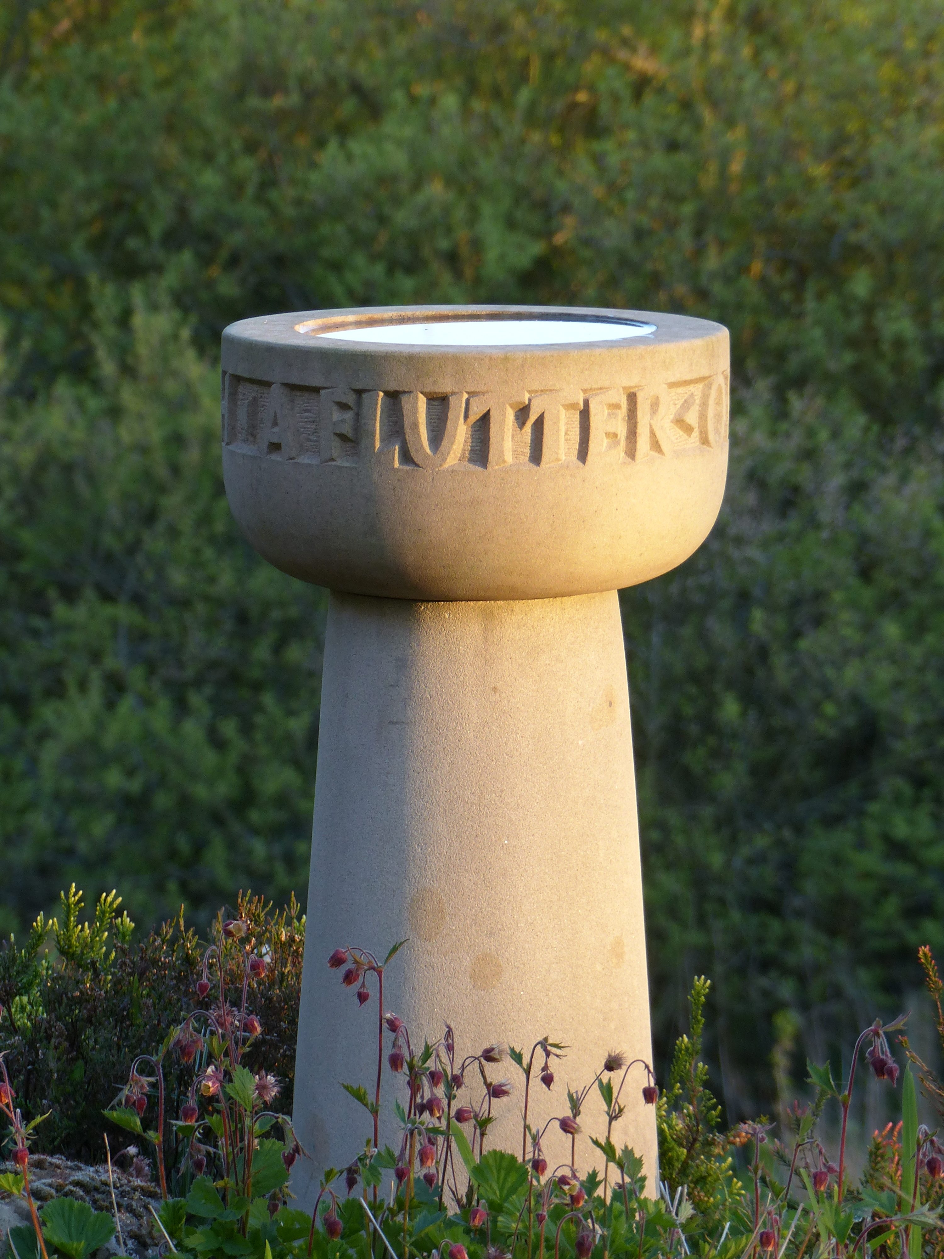 Northumbrian Sandstone birdbath, inscription in raised letters reads - A flash, A flutter, of Colour